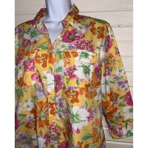 Chaps Ralph Lauren Sz LARGE Floral Button Up Blouse Cotton 3/4 Sleeve EUC